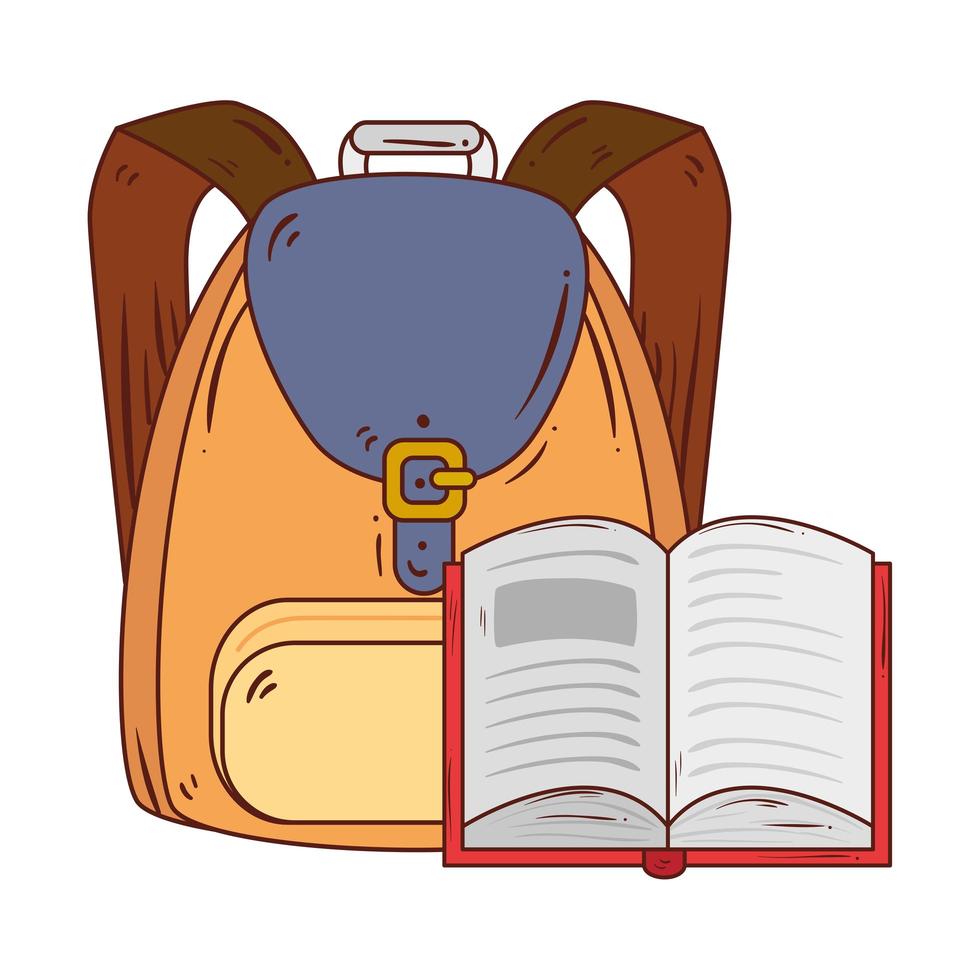 Literatura de libro abierto con mochila escolar en fondo blanco. vector