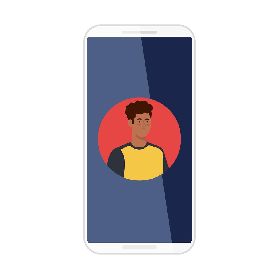 Smartphone con imagen hombre afro en pantalla, sobre fondo blanco. vector