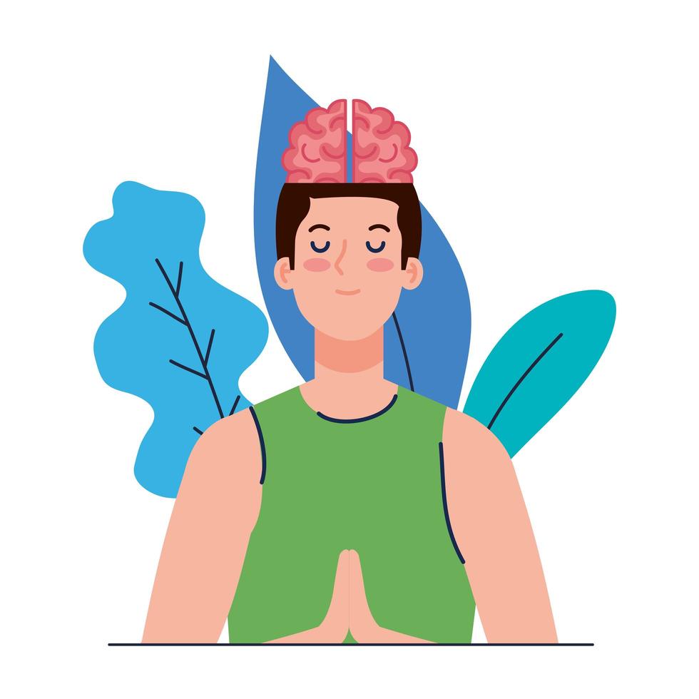 Hombre meditando con icono de cerebro, sobre fondo blanco. vector