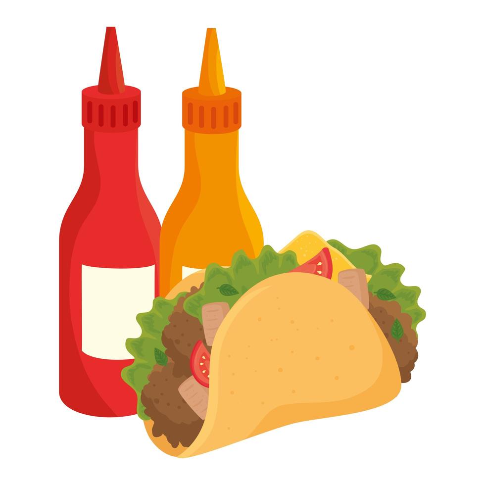 fast food, taco mexican food with bottled sauces, on white background vector