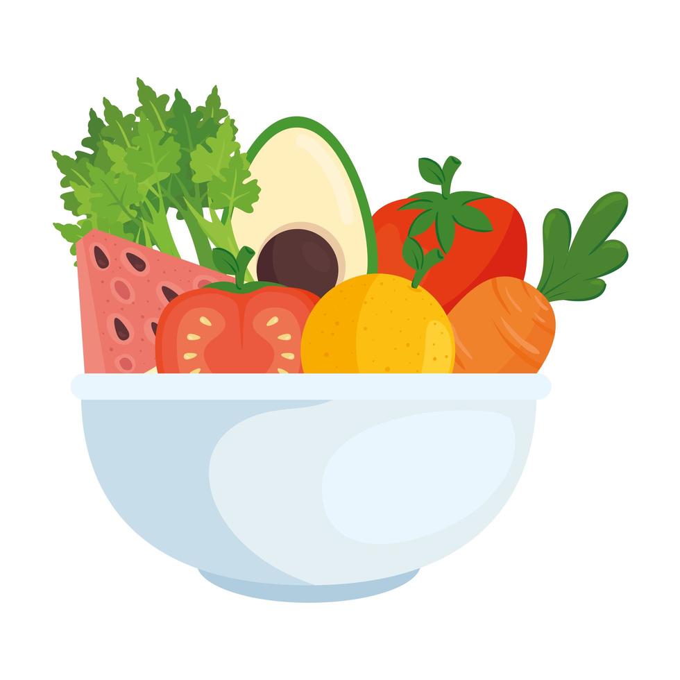 fresh fruits and vegetables in bowl on white background vector