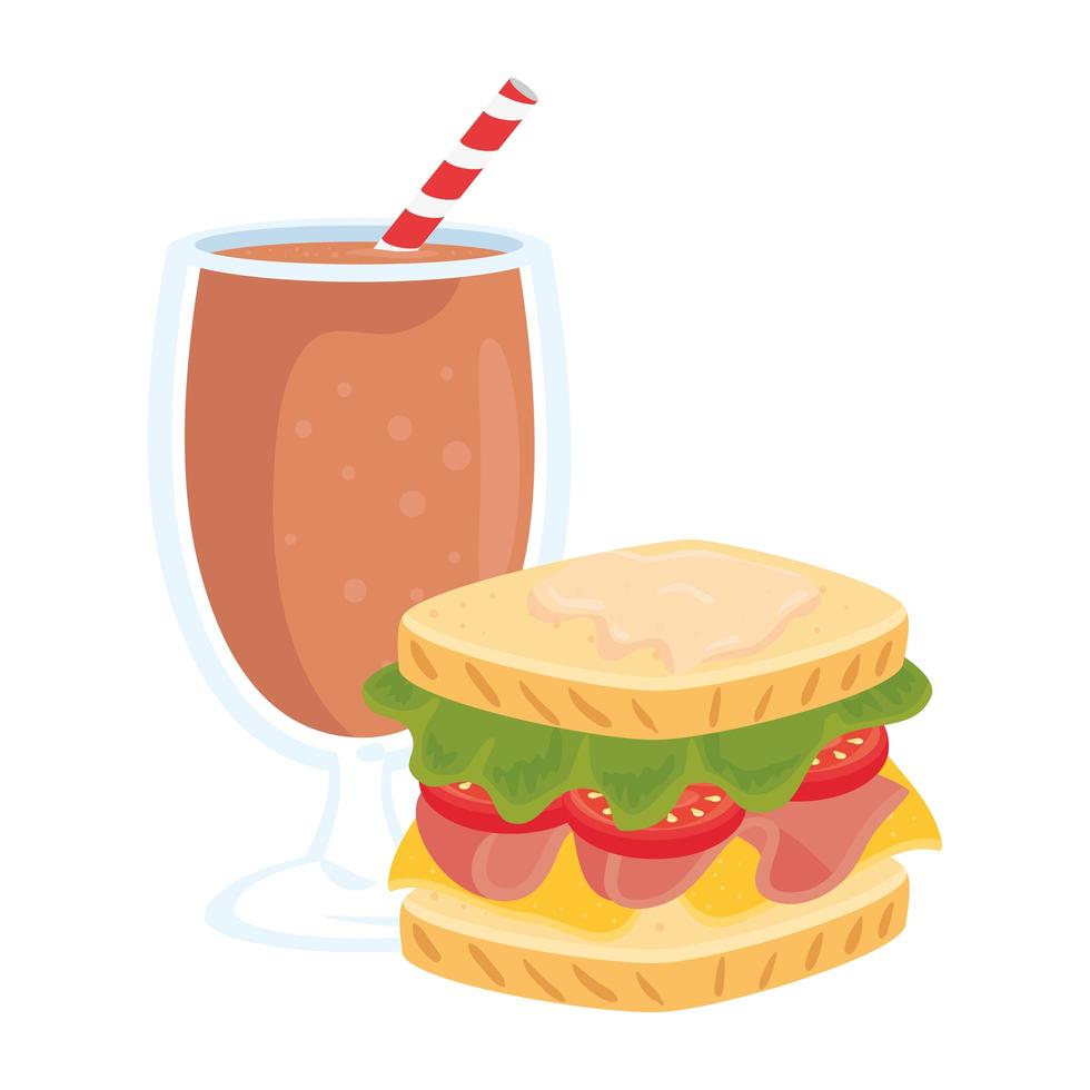 Comida rápida, deliciosa taza de batido con sándwich, sobre fondo blanco. vector