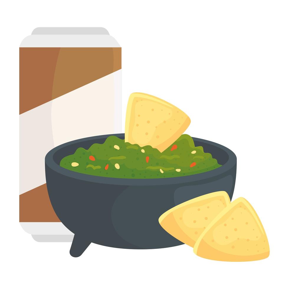 Guacamole con nachos y cerveza en lata, sobre fondo blanco. vector