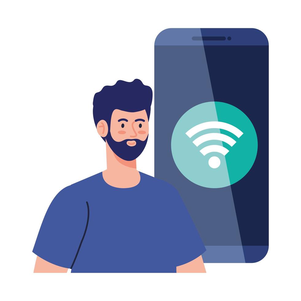 concepto de redes sociales, hombre con señal wifi en smartphone vector