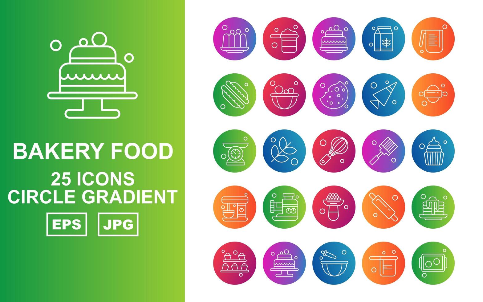 25 paquete de iconos de gradiente de círculo de comida de panadería premium vector