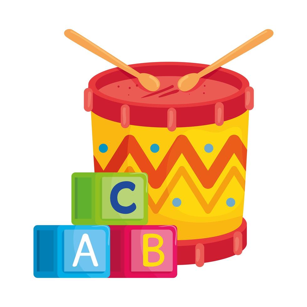 Juguetes para niños, cubos del alfabeto con tambor en fondo blanco. vector