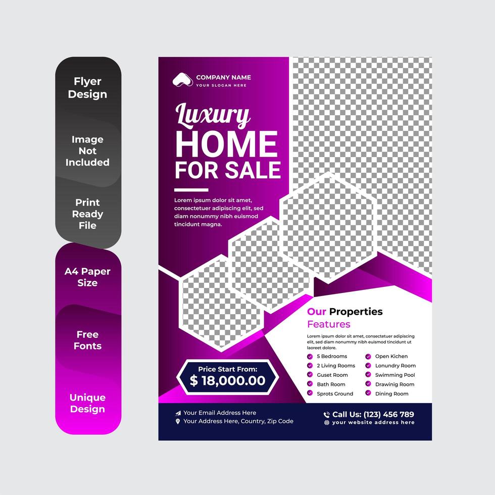 Fondo de diseño de diseño de portada de folleto de folleto de volante de bienes raíces, esquema de dos colores, plantilla de vector