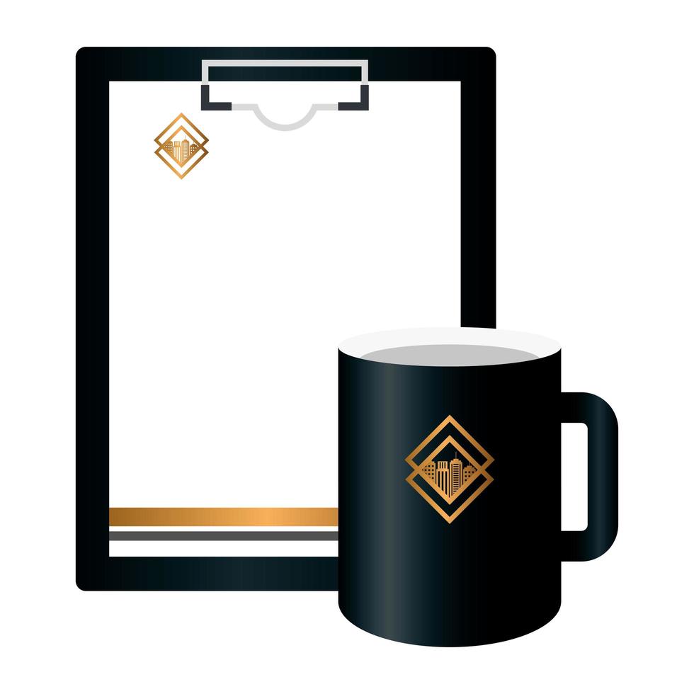 maqueta de portapapeles y taza negra con letrero dorado, identidad corporativa vector