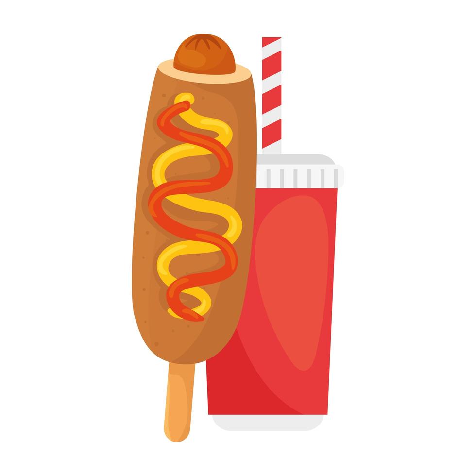 fast food corn dog with drink on white background vector