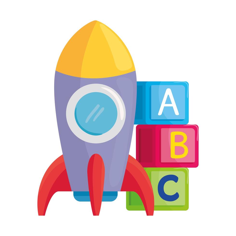 child toys, rocket with alphabet cubes on white background vector