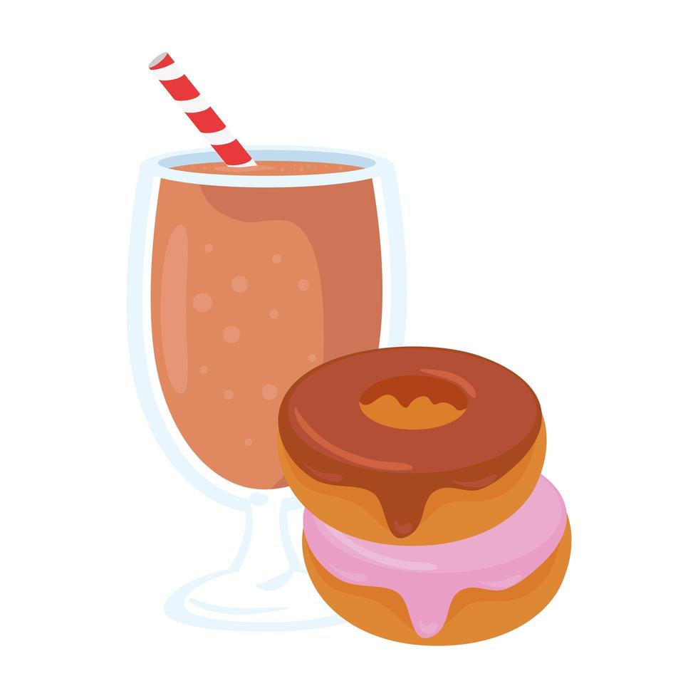 Comida rápida, deliciosa taza de batido con rosquillas, sobre fondo blanco. vector