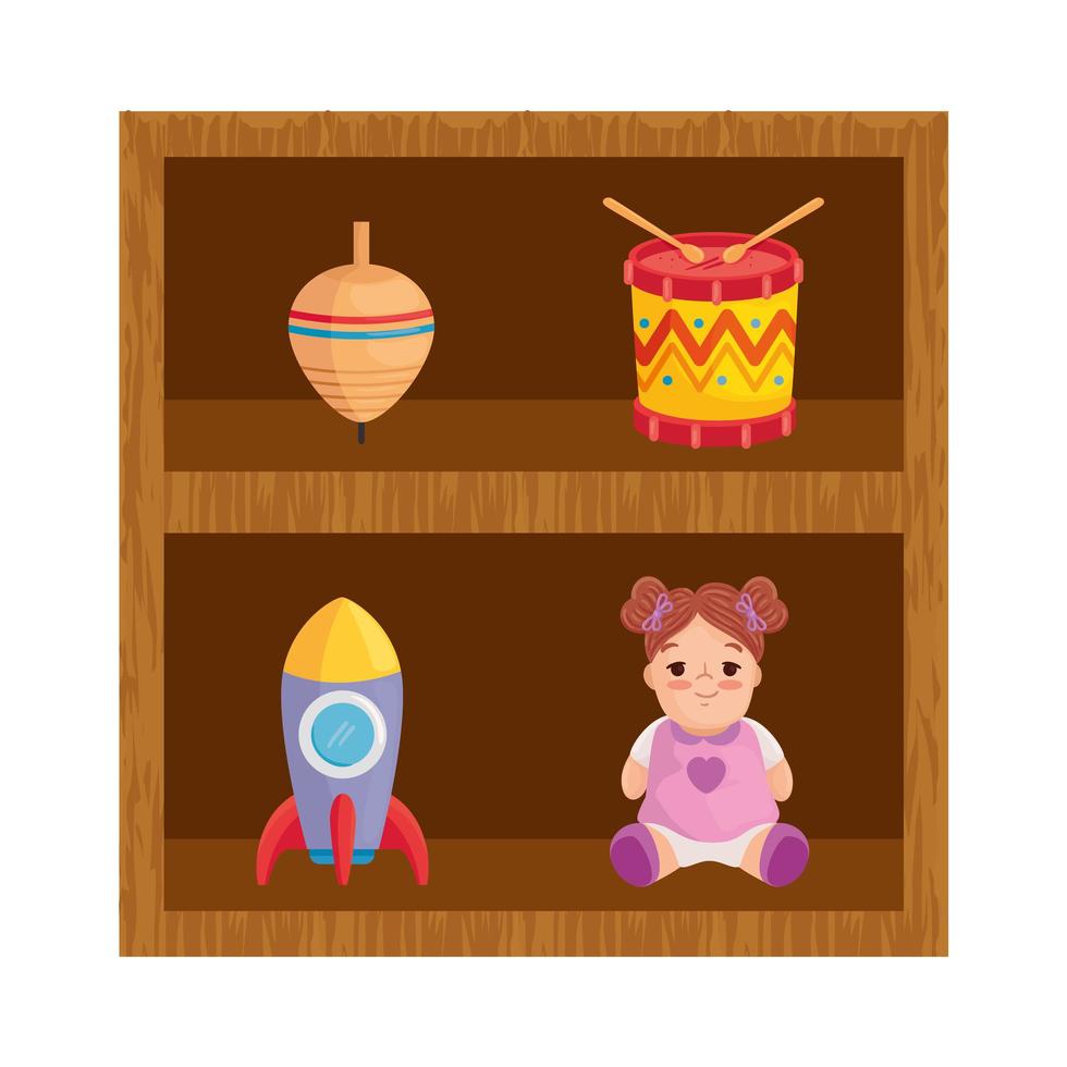 wooden shelving with toys child vector