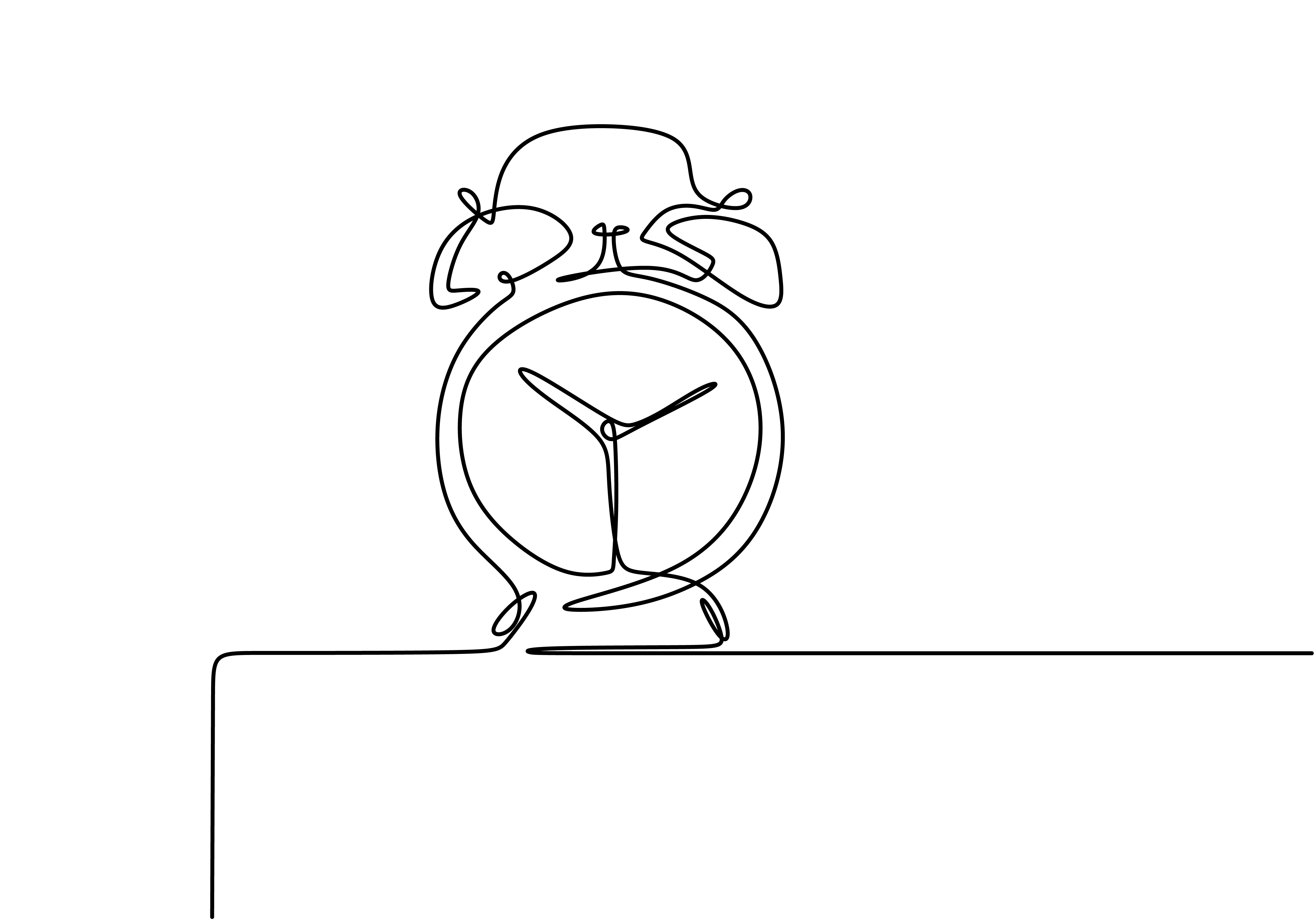Sketch of the alarm clock continuous one line drawing. Clock with arrows icon on white