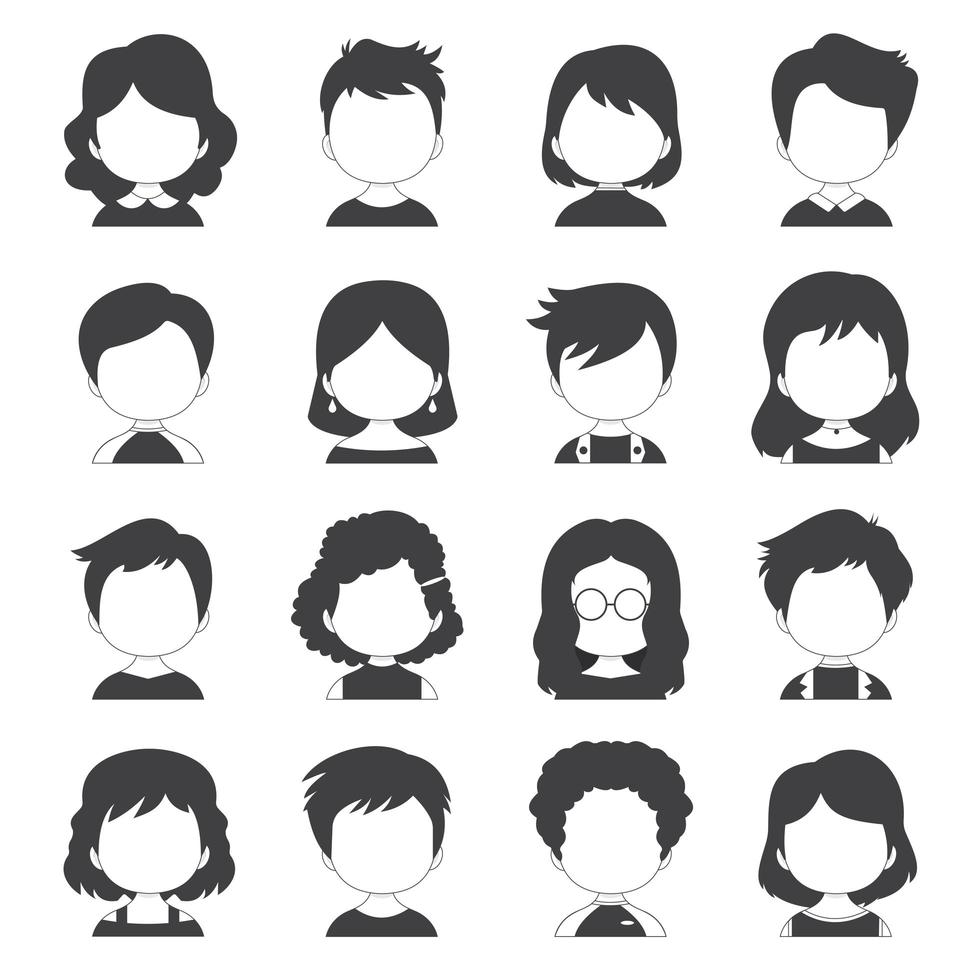 colección de avatar de cara en blanco y negro vector