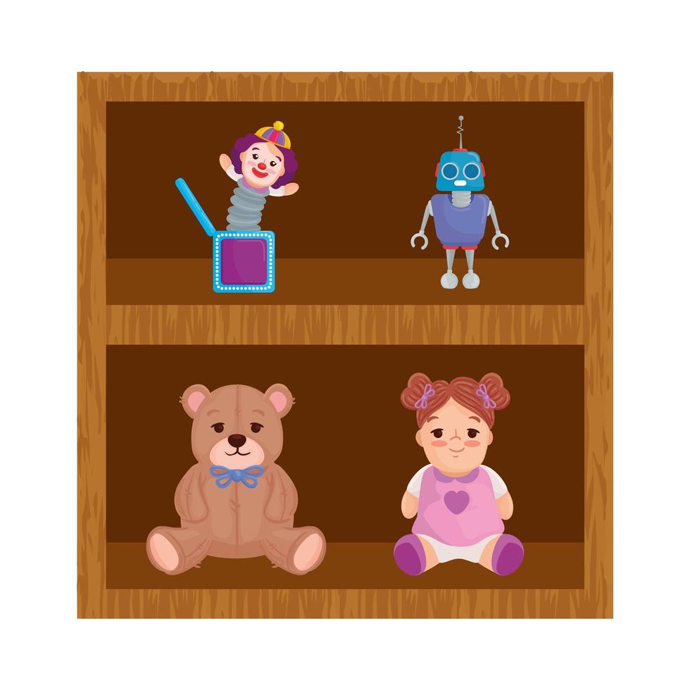 wooden shelving and toys child vector