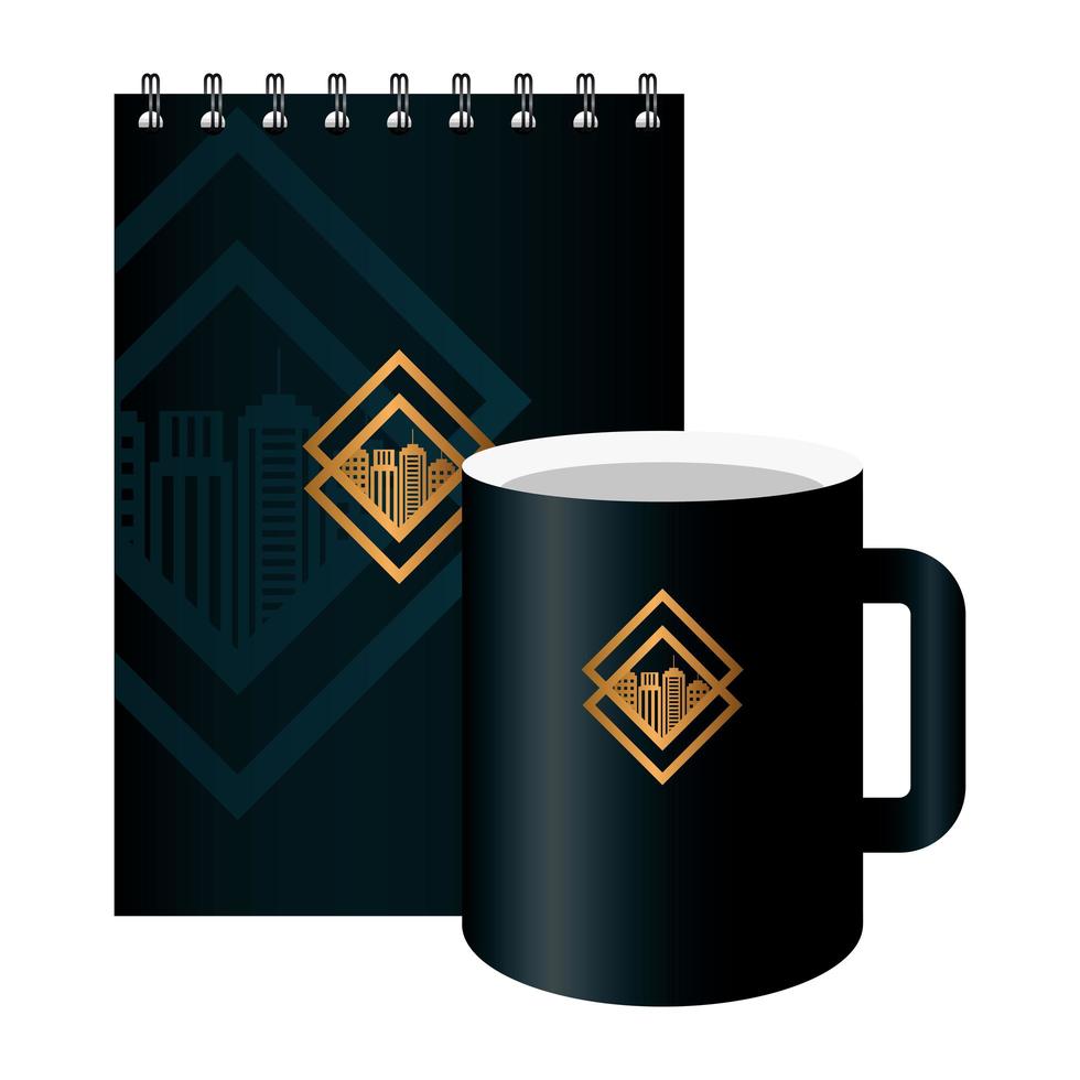 maqueta de cuaderno y taza negra, con letrero dorado, identidad corporativa vector