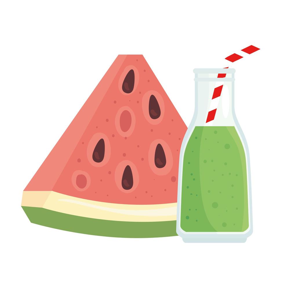 fresh slice of watermelon with bottle juice vector