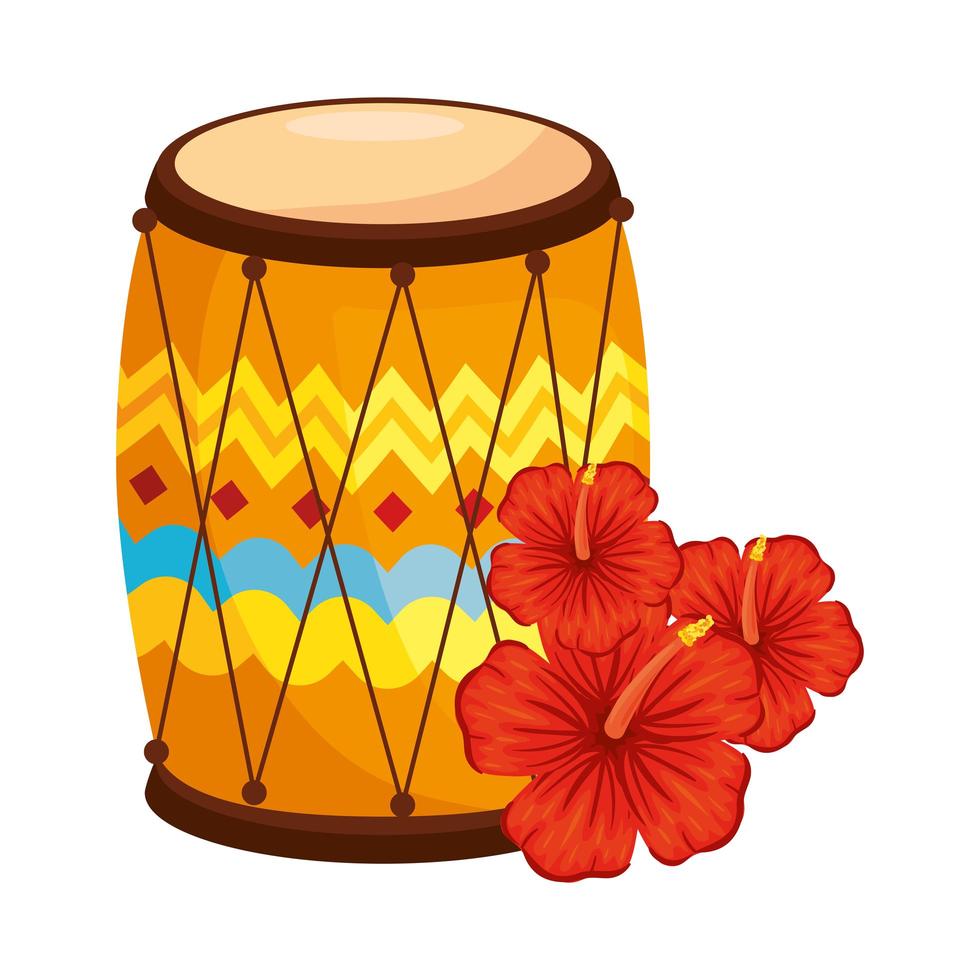 drum dhol indian traditional, with hibiscus flowers vector