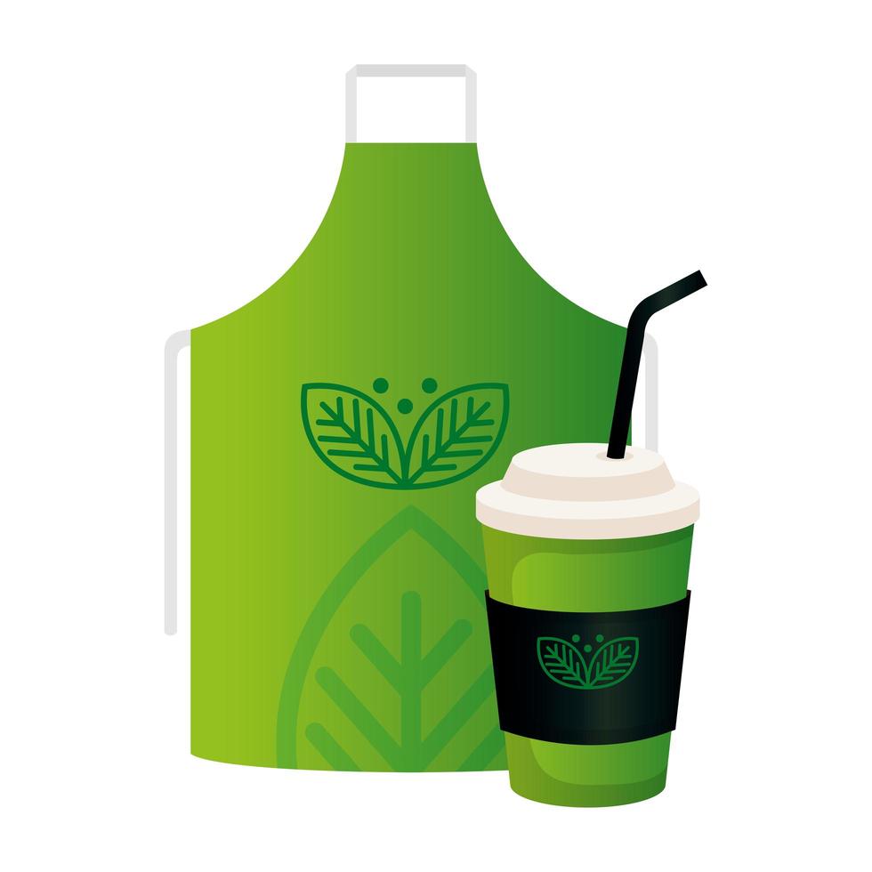 mockup disposable coffee and apron with sign of green company, corporate identity vector