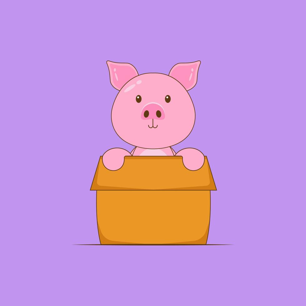 Cute cartoon pig in a cardboard box vector