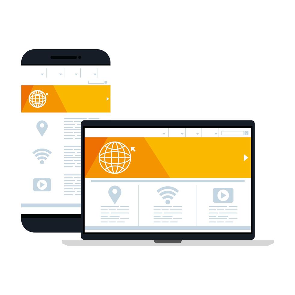 maqueta, desarrollo de sitios web de concepto en computadoras portátiles y teléfonos inteligentes vector