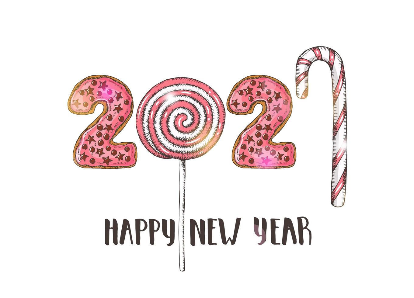 Vector Hand drawn colorful glazed pink donuts-figures and lollipops isolated on white. Happy New Year 2021 and Merry Christmas.