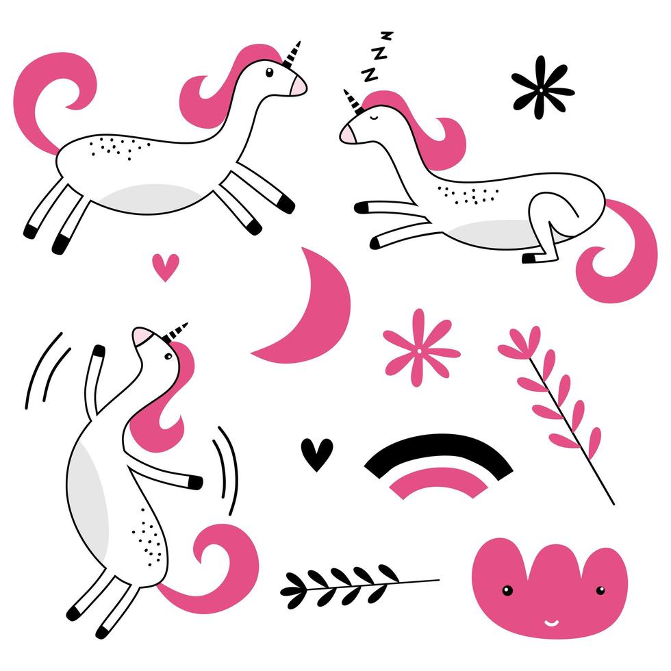 conjunto de animales divertidos de colores con sueños de luna, nube, estrella y unicornio durmiendo en estilo escandinavo. vector