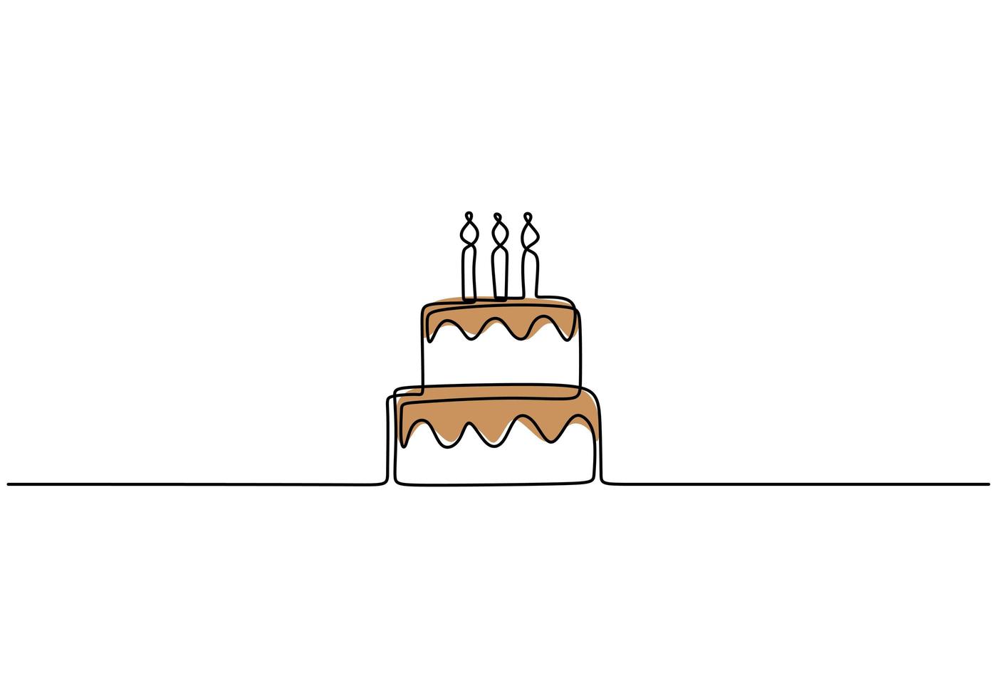 Continuous line drawing of Birthday cake with candle. vector