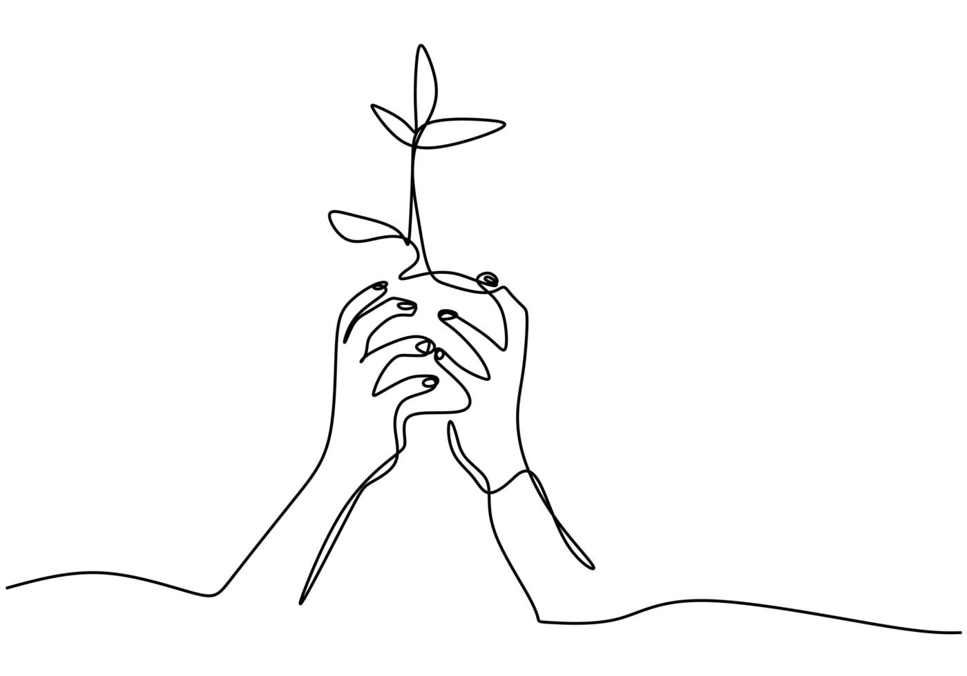 Hand holding plant's pot. Continuous one line drawing of back to nature theme. vector