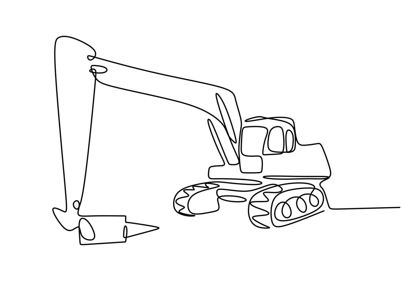Continuous line art or one line drawing of construction backhoe vehicle. vector