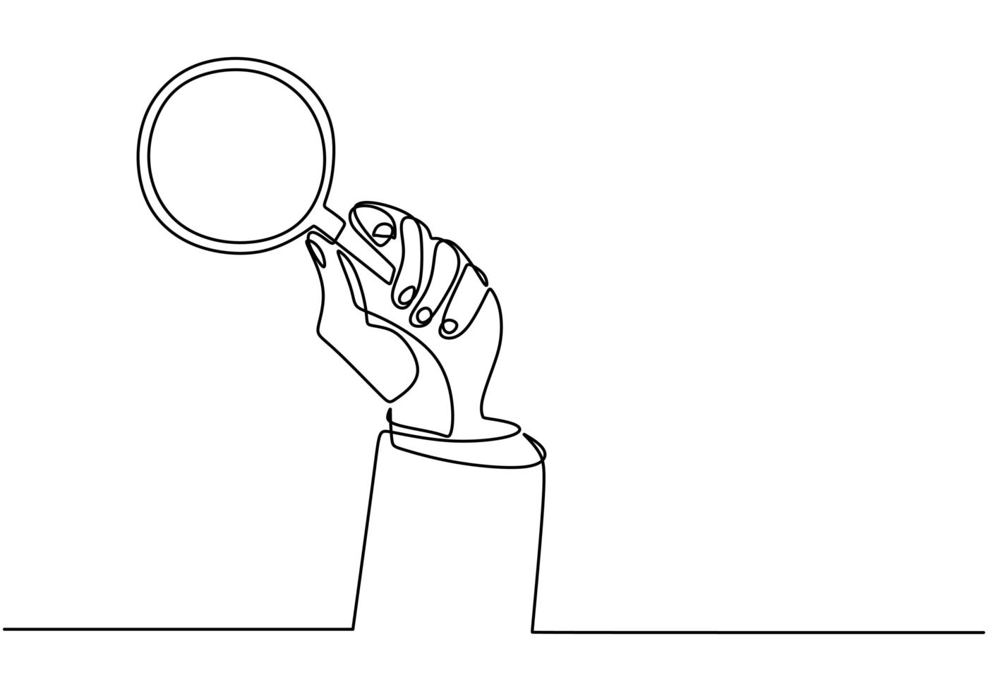 One continuous line of hand holding magnifying glass. Magnifier to detect something very small. vector