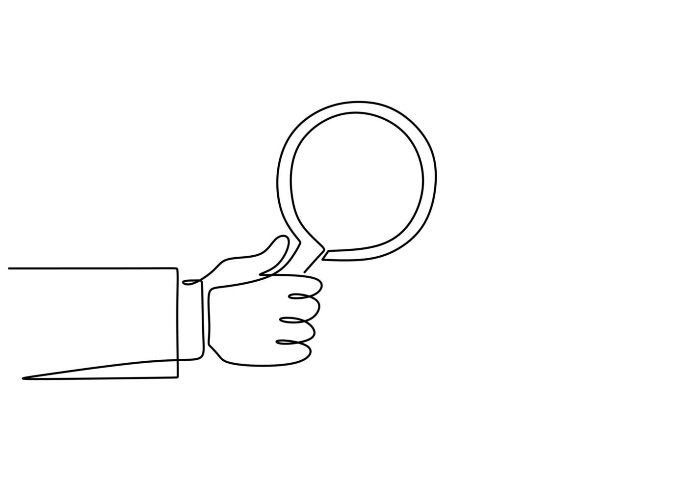 One continuous line of hand holding magnifying glass. Magnifier to detect something very small. vector