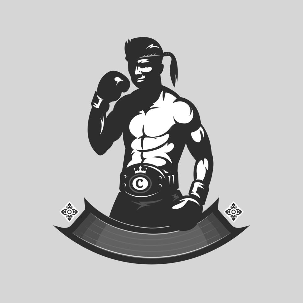 luchador de gimnasio muaythai con banner vector