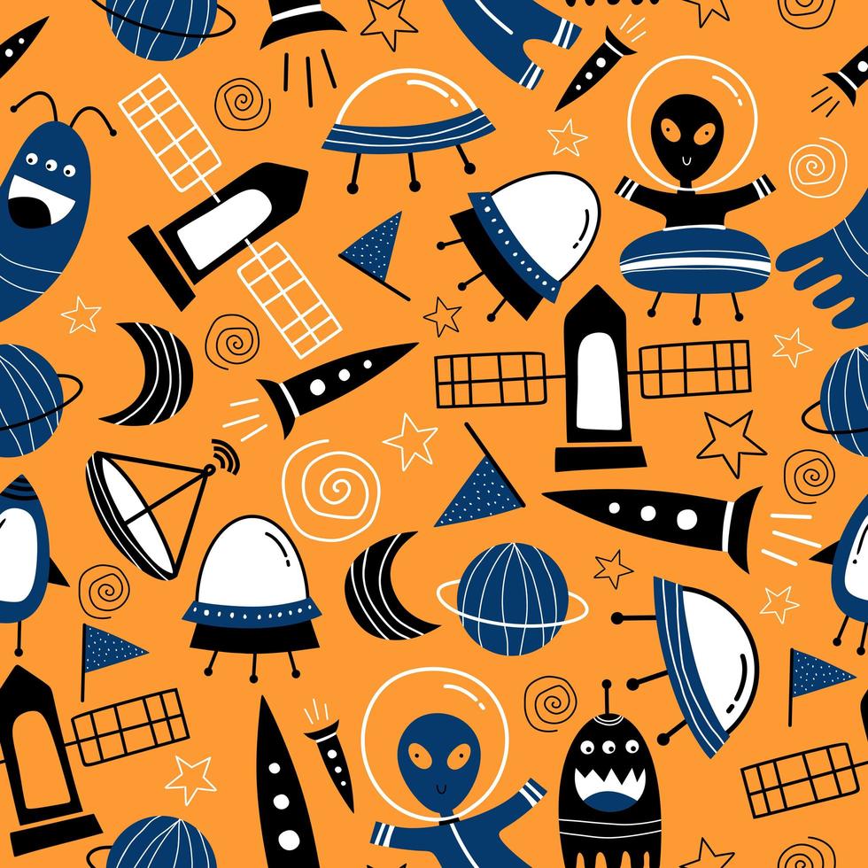 Cute ufo alien spaceships, planets, galaxies seamless pattern decorative drawing scandinavian artistic hand drawn for baby and kids fashion textile print, wallpaper, and background vector illustration