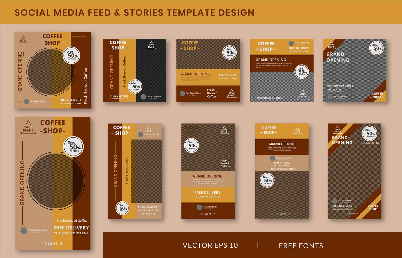 Coffee shop social media stories and feed post bundle kit promotion template vector