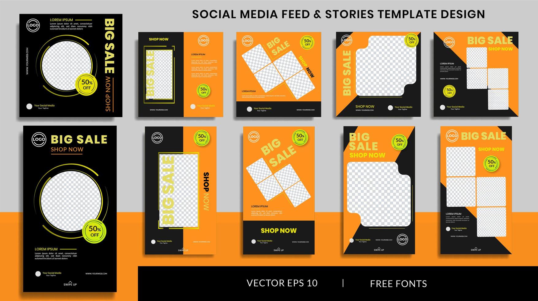 Sale social media stories and feed post bundle kit promotion template vector