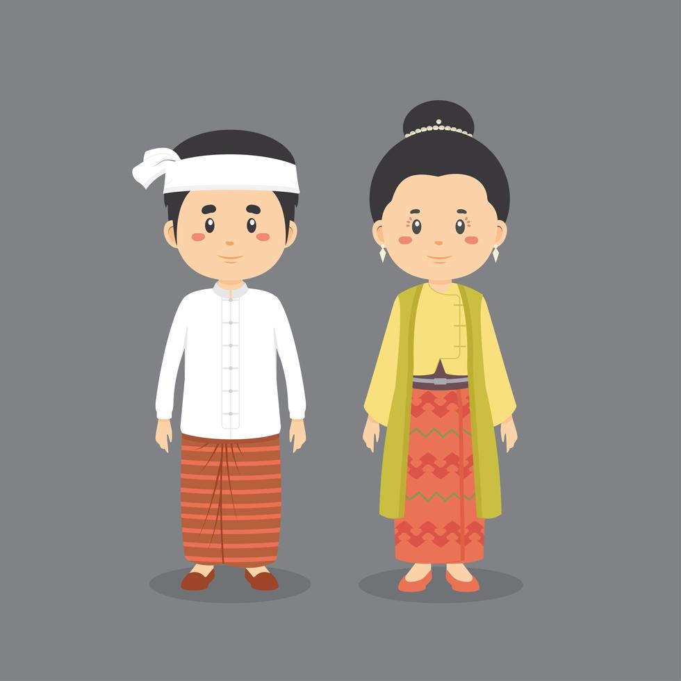 lindos personajes con ropa tradicional de myanmar vector