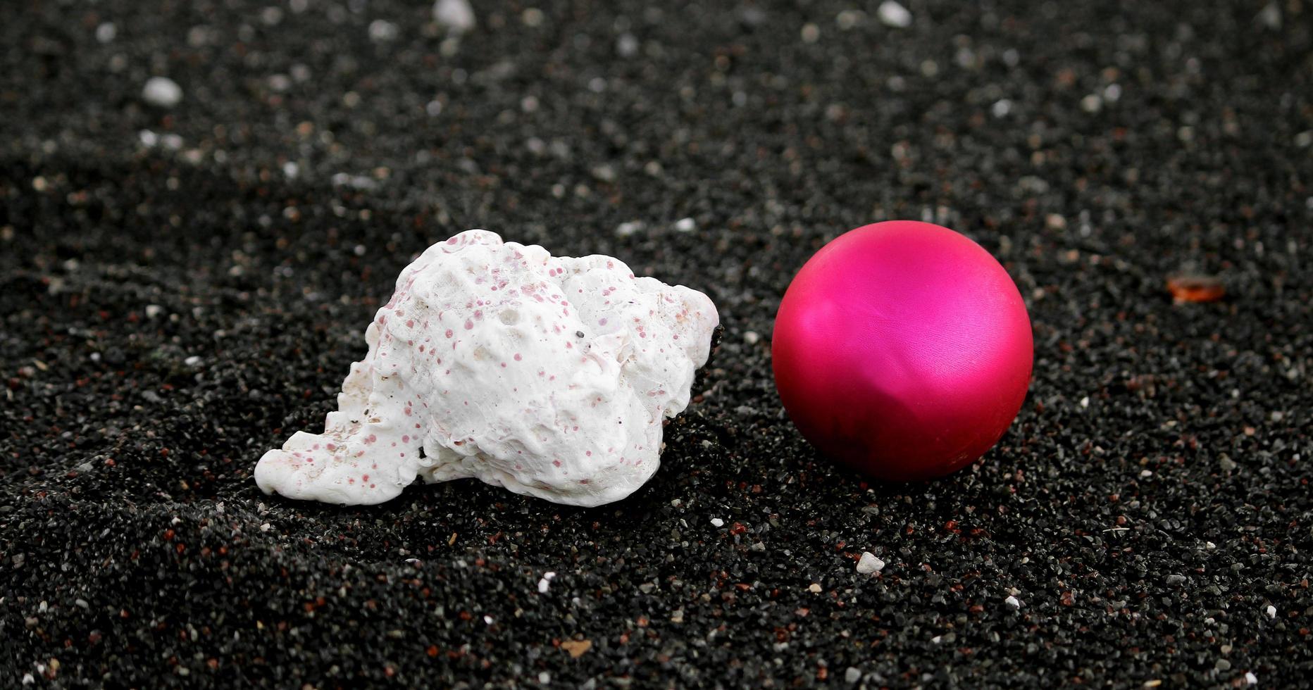 Christmas ornament and a sea shell with droplets of water on the black sand photo