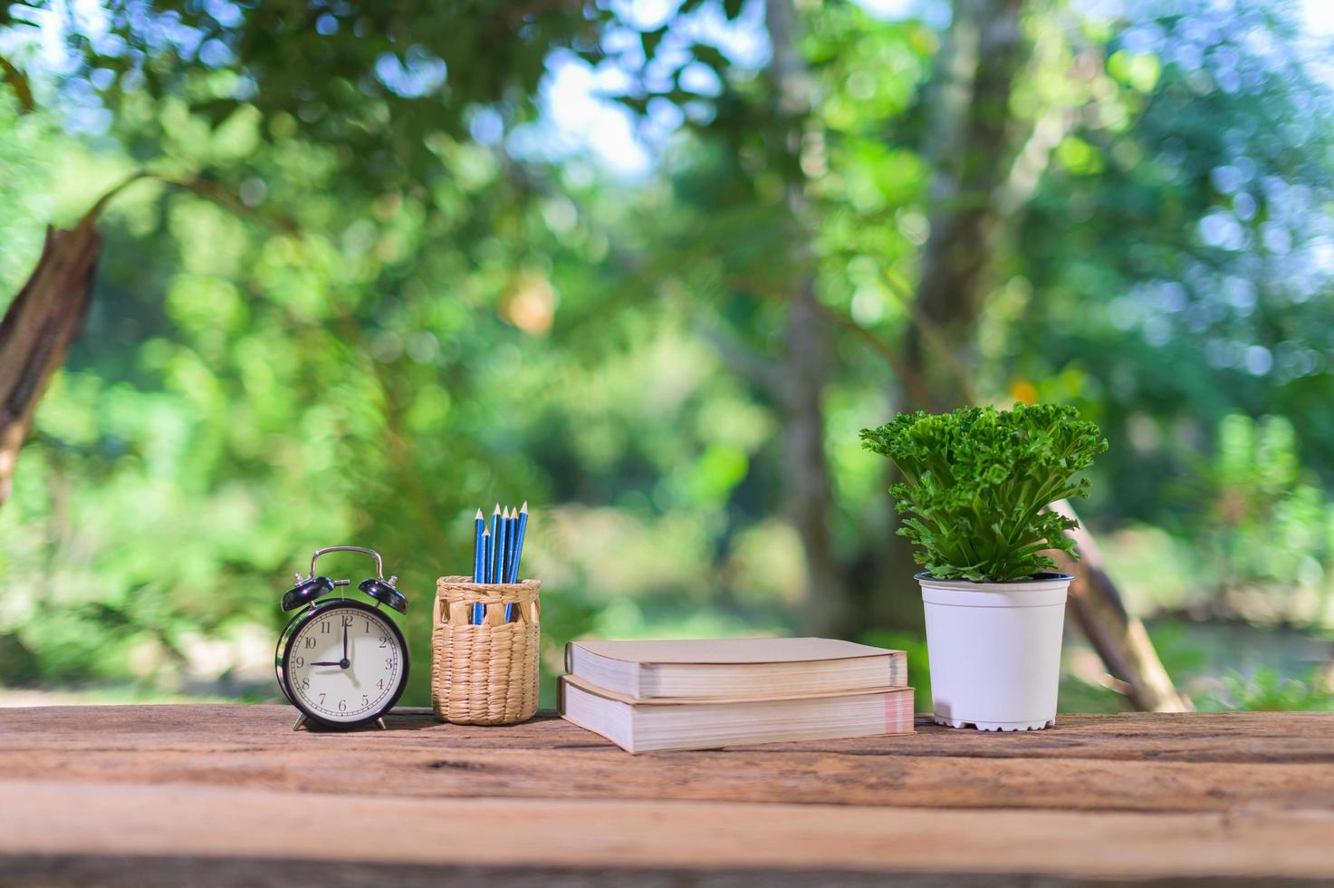 Books and alarm clock on the desk photo