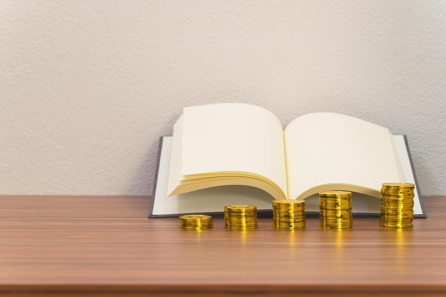 Book and coin piles on the desk photo