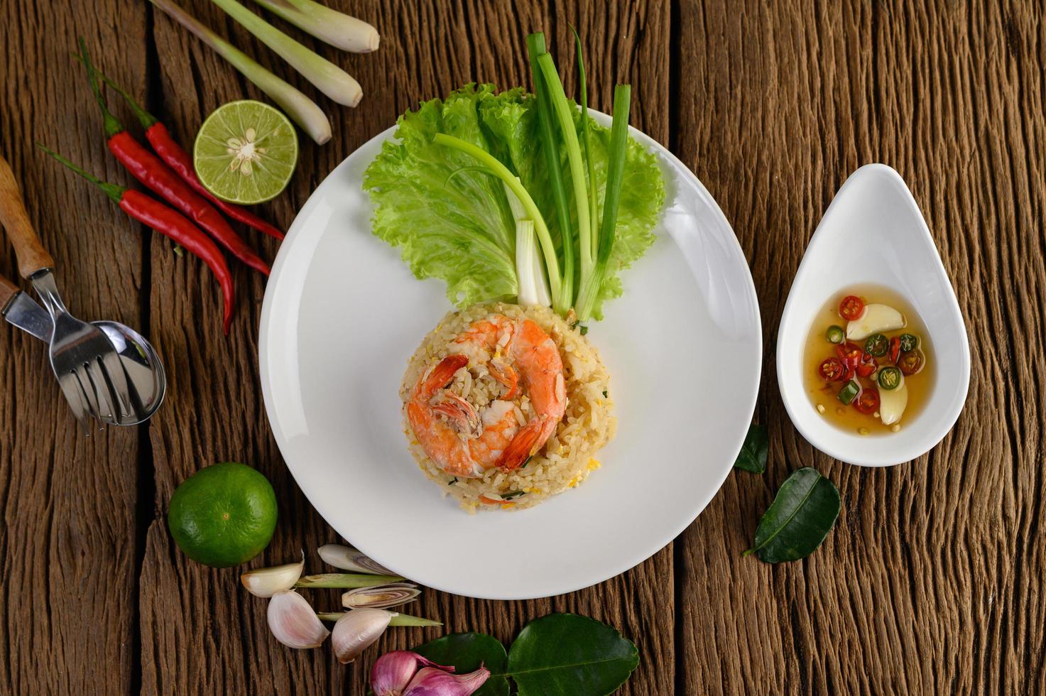 Shrimp fried rice on a white platter photo