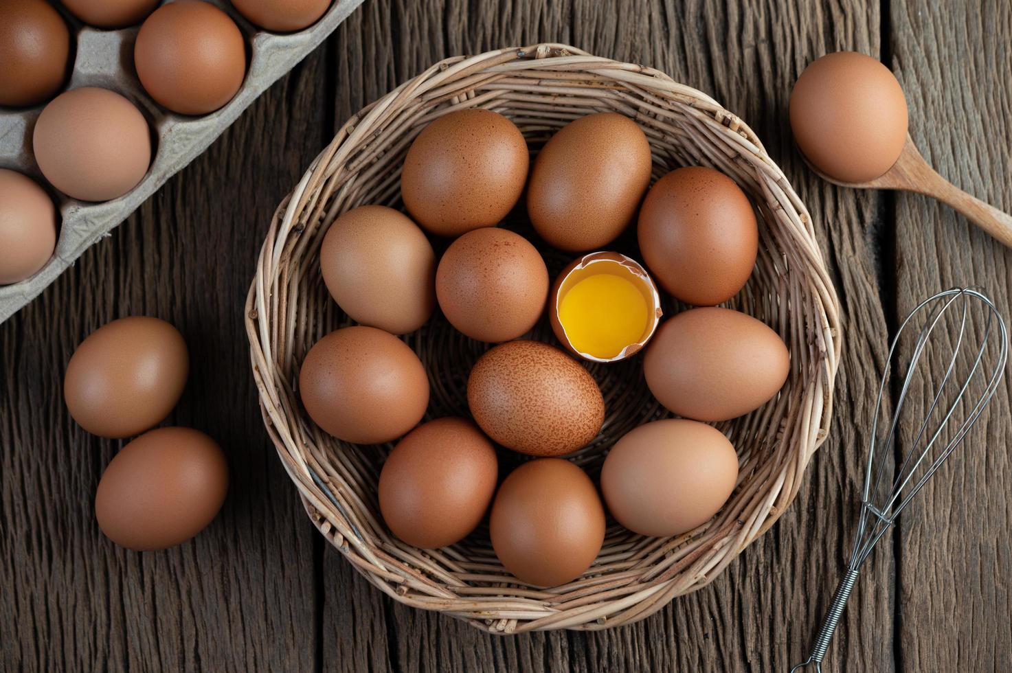 Laid eggs in a wooden basket photo