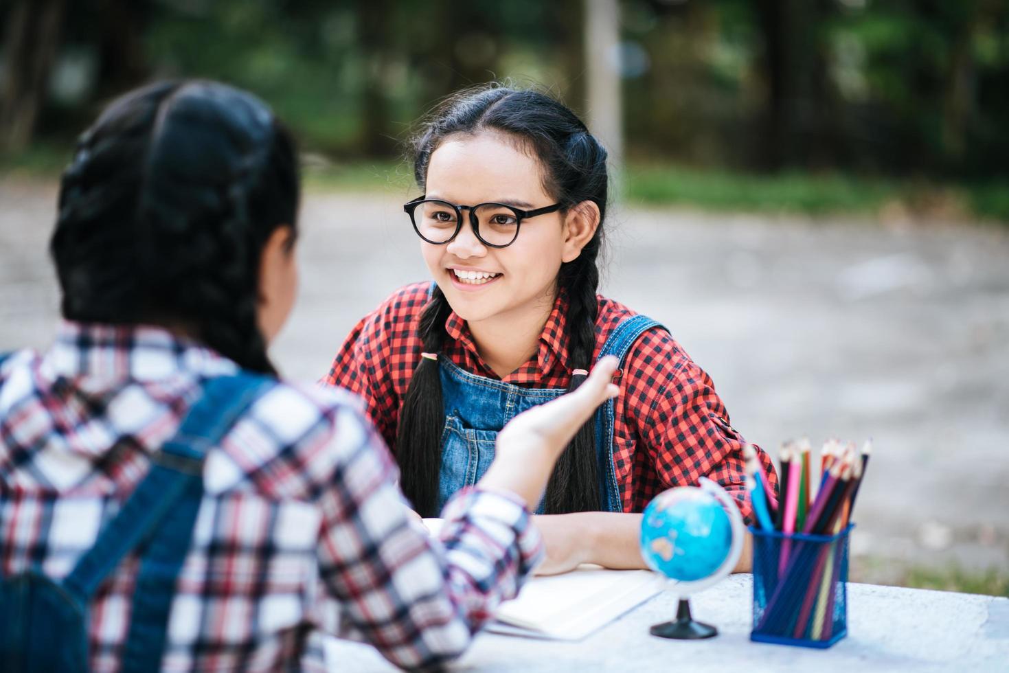 Two girls studying and talking to each other in a park photo