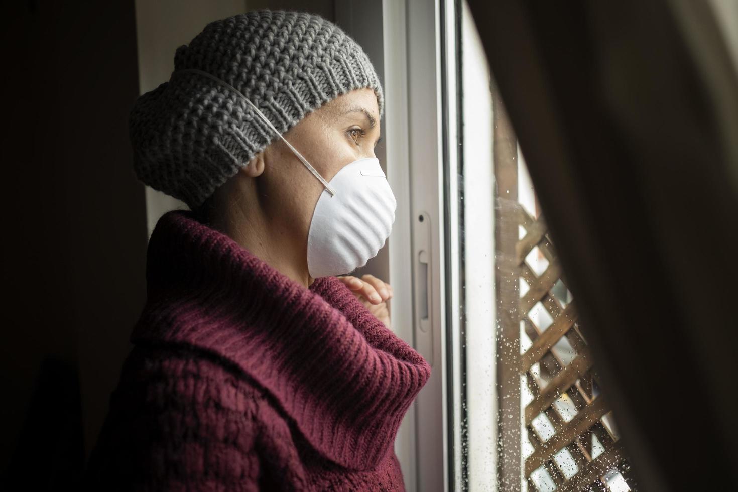 Woman with face masks indoors at home, Corona virus and quarantine concept photo