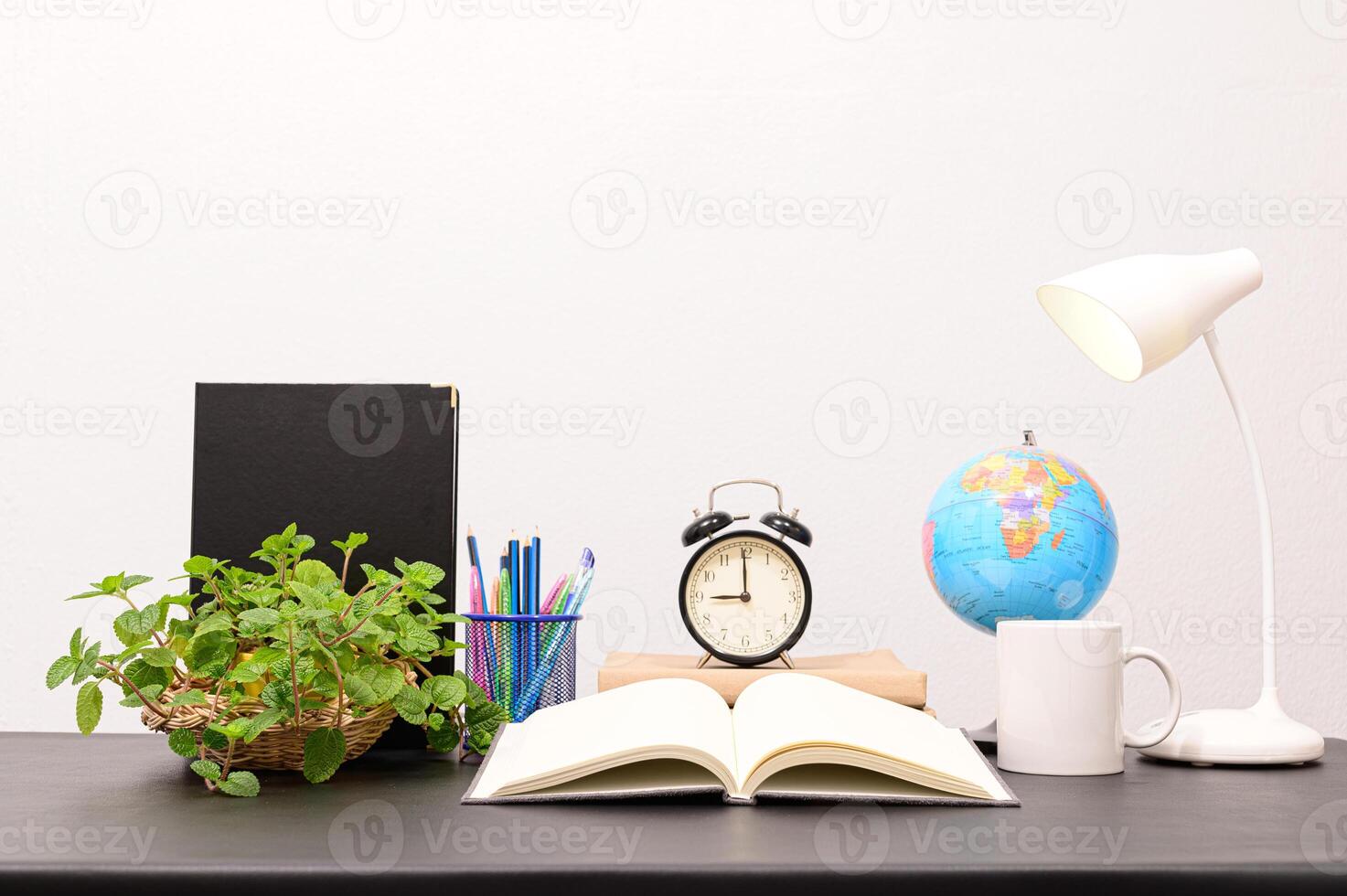 A desk with a book, a globe, a plant, and a coffee mug photo