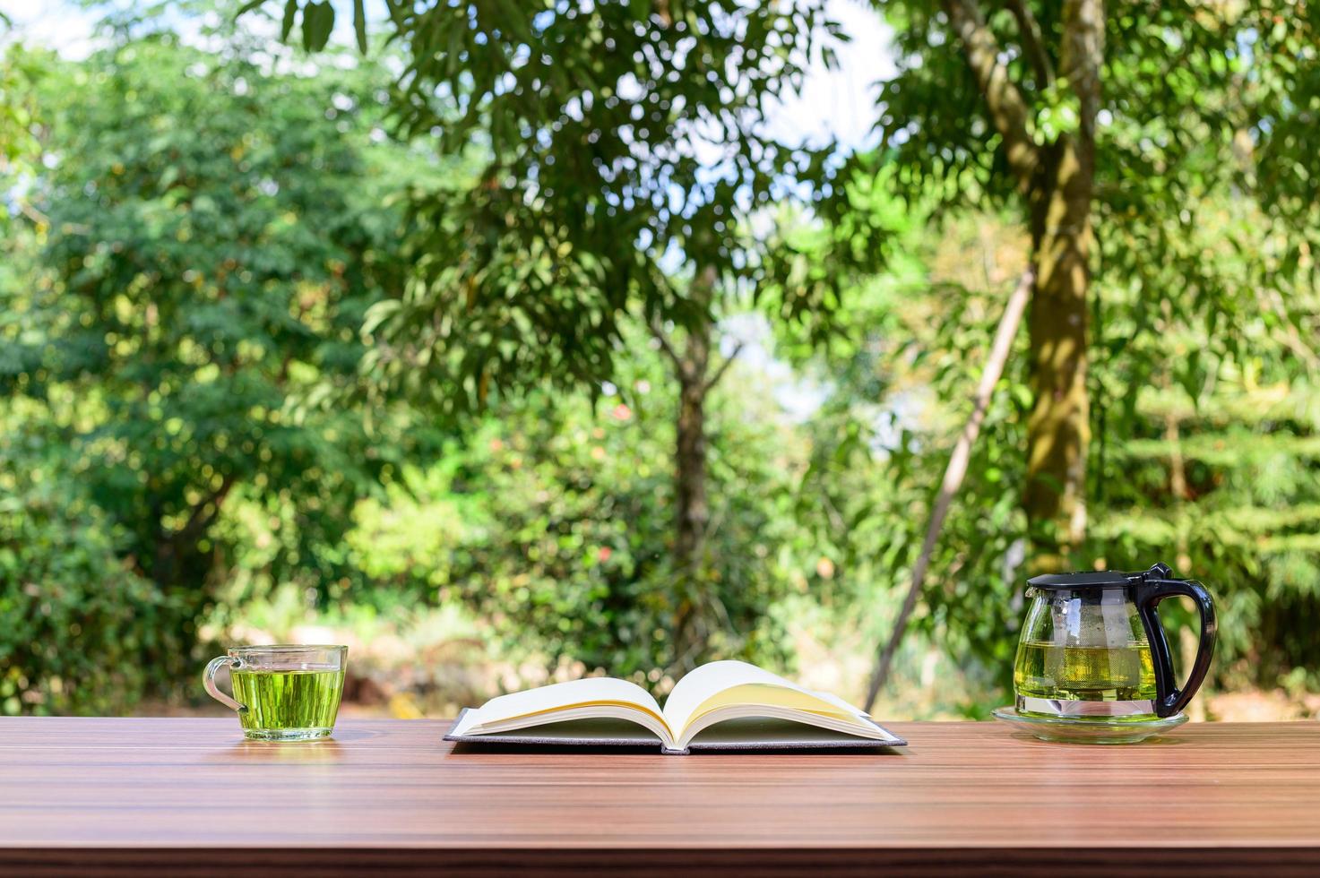 Desk with nature background photo