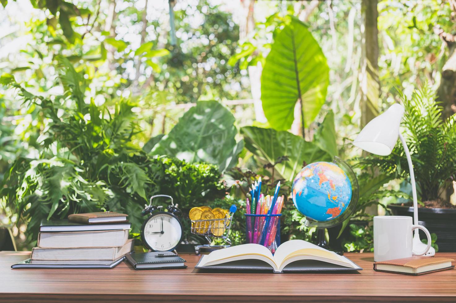 Desk with nature background photo