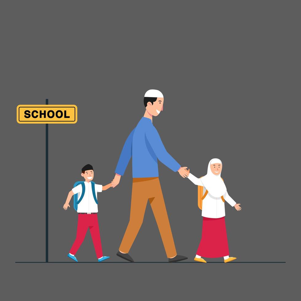 Papá musulmán acompaña a los niños de regreso a la escuela. vector