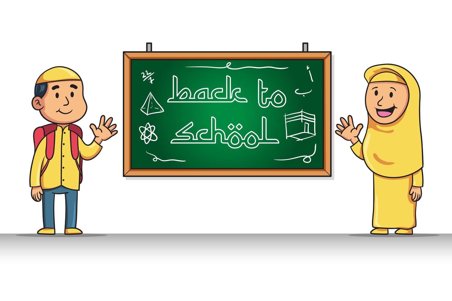personaje de dibujos animados del estudiante musulmán devolver al saludo escolar vector