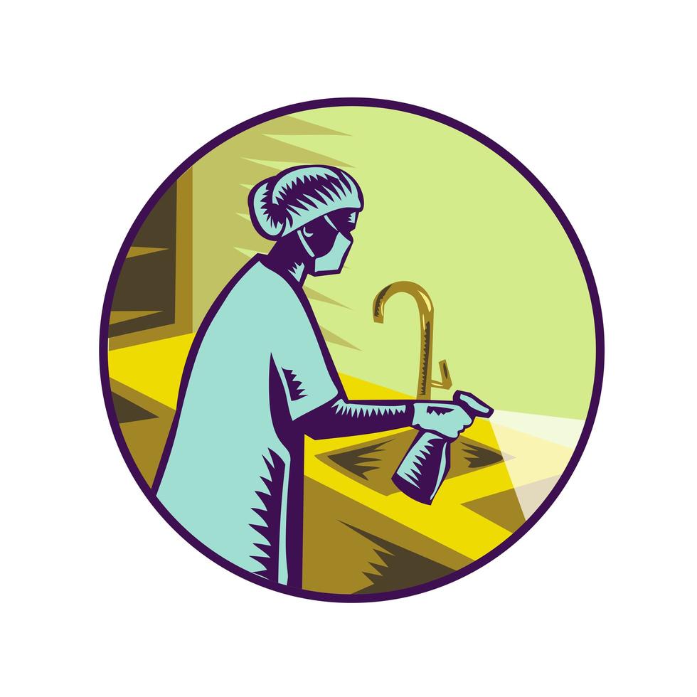 Enfermera rociando desinfectante emblema retro vector